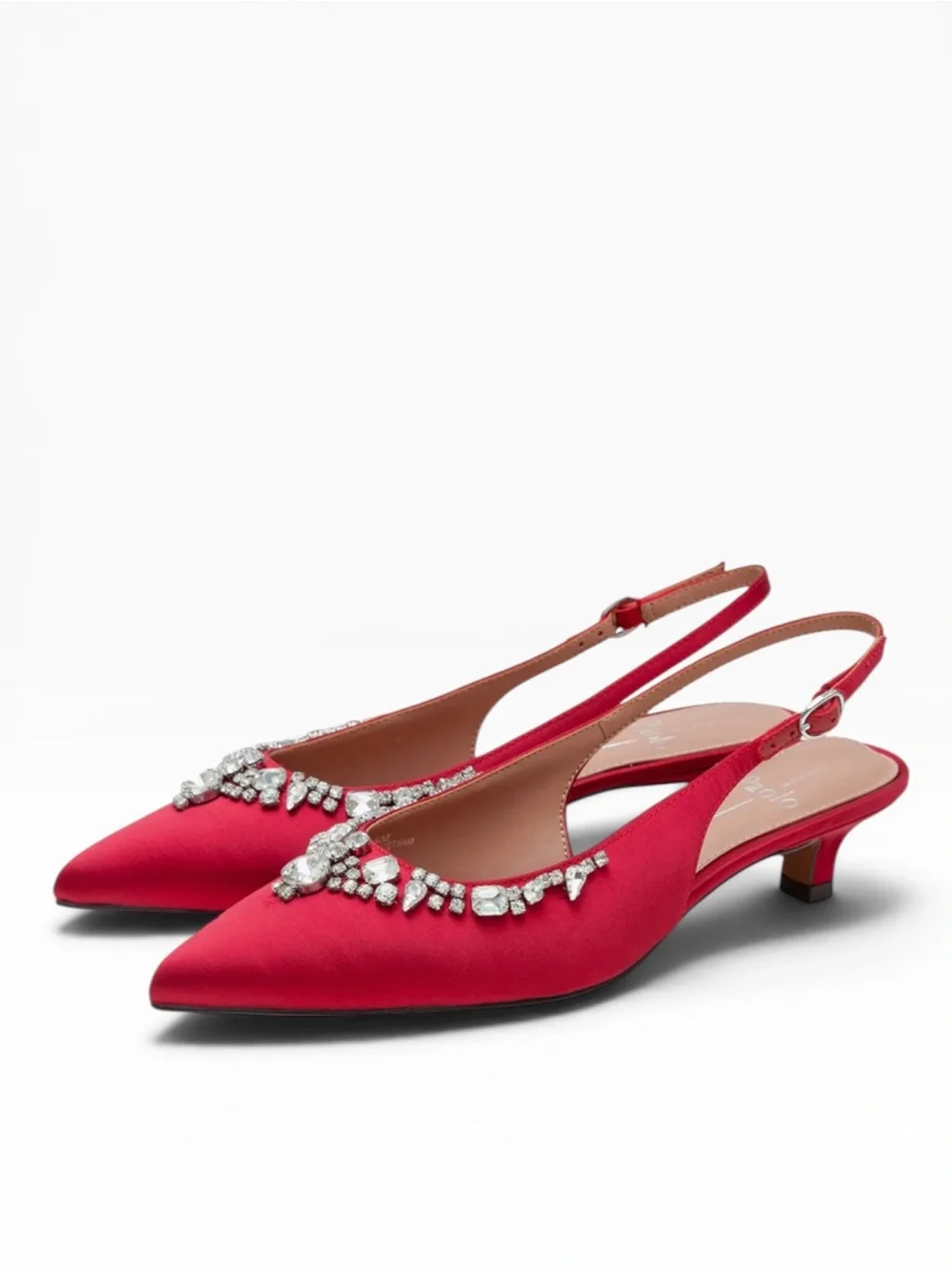 LINEA PAOLO CRYSTAL EMBELLISHED RED SATIN SLINGBACK KITTEN HEELS NIB SIZE 9.5